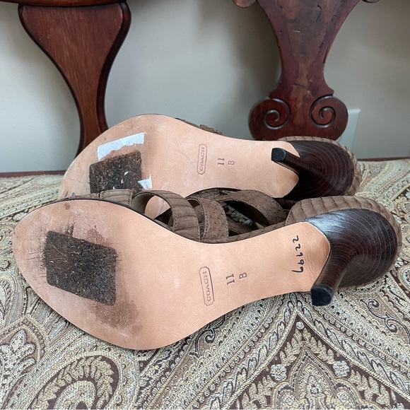 Coach Fawn Light Brown Snakeskin Embossed Leather Strappy Heels Open Toe Size 11 - Picture 7 of 10